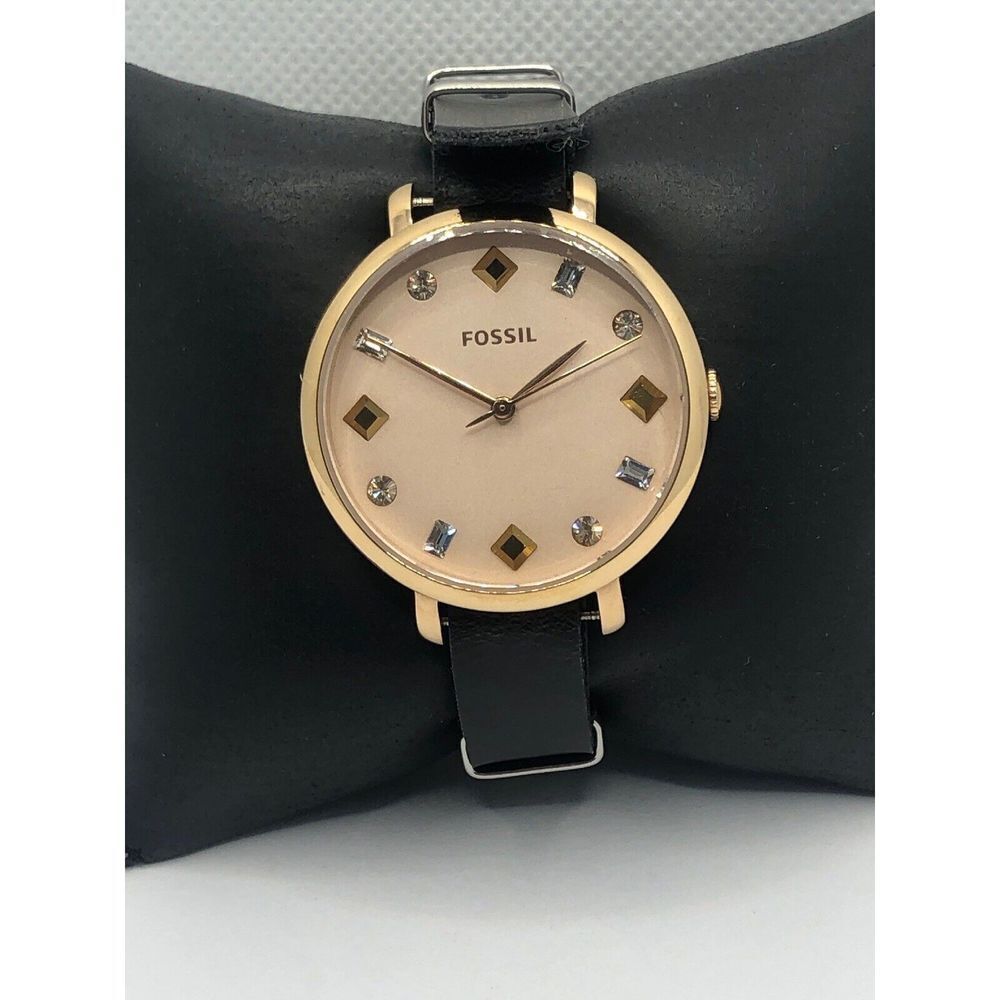 Fossil ES4473 Women's Black Leather Analog Pink Dial Quartz Genuine Watch OP64